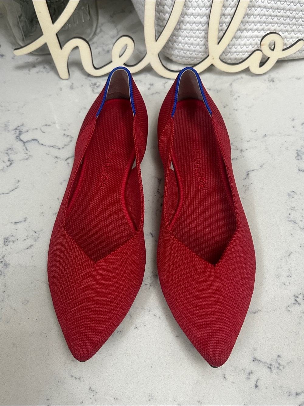 Rothy's Red Pointed Knit Flats with Blue Heel Trim